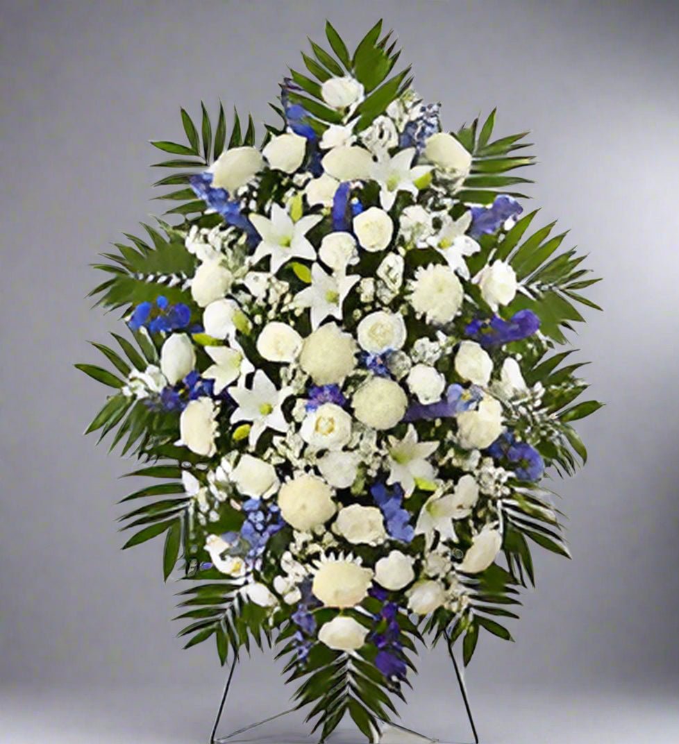 Blue & White Sympathy Standing Spray - Heart & Home Flowers
