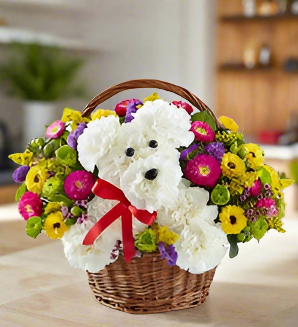 A Dog in a Basket - Heart & Home Flowers