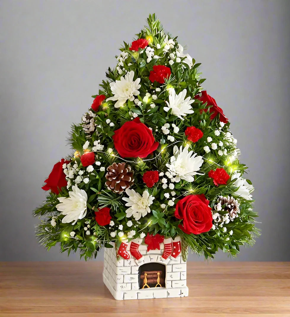 Holiday Flower Tree with a Merry Mantel