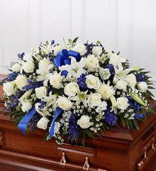 Blue & White Mixed Half Casket Cover - Heart & Home Flowers