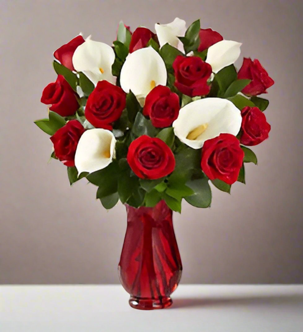 Elegant Red Roses & Calla Lily Bouquet - Heart & Home Flowers