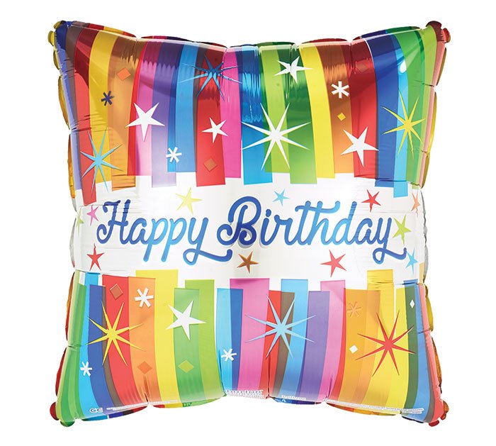 17" HAPPY BIRTHDAY BOLD STRIPES ON SQUARE BALLOON - Heart & Home Flowers
